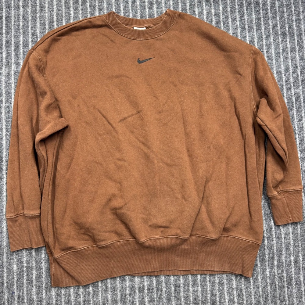 Nike Mens Crewneck Sweatshirt XL Brown Embroidered Center Swoosh Fleece Pullover